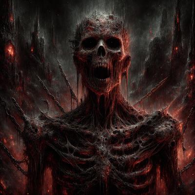 The primary subject of the image is a skeleton with a screaming expression. The skeleton is the main object, scene, or focus of the image. The setting/background features a dark, red, and black environment, with a chain-like pattern visible. The visual style of the image is digital art, illustration, or drawing. The dominant colors and overall atmosphere of the image are dark, red, and black, creating a dramatic and intense mood.